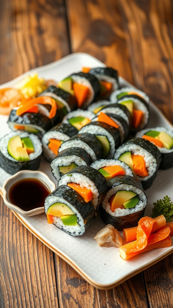 A platter of vegetarian sushi rolls with avocado, cucumber, and carrot, served with soy sauce and pickled ginger.